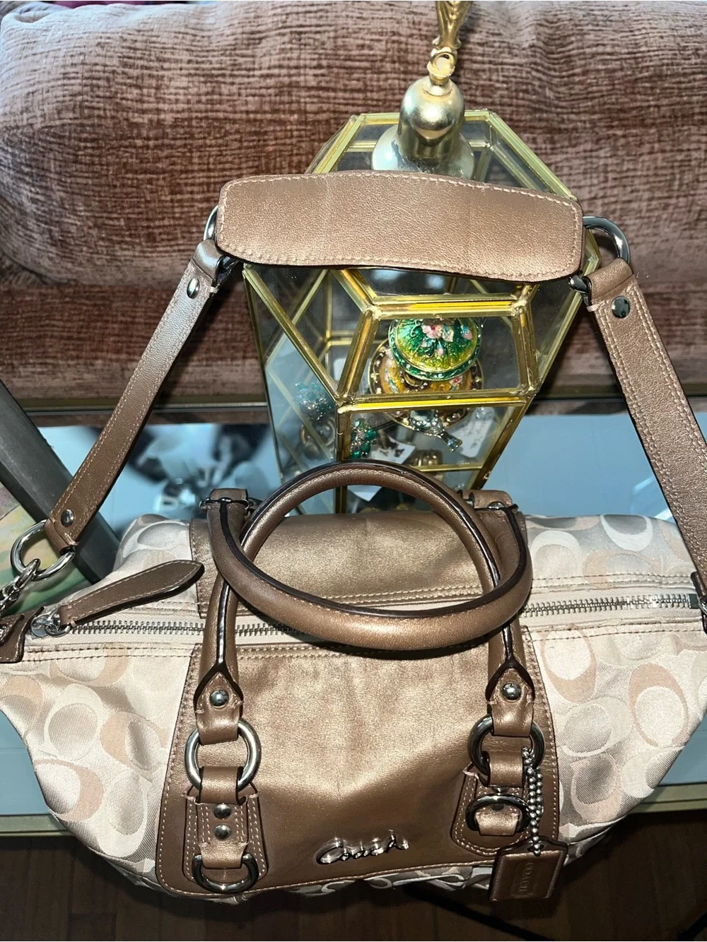 Coach Metallic Taupe Signature Satchel